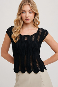 Black Eyelet Scallop Top