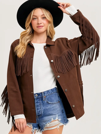 Brown denim Fringe Button Down Jacket
