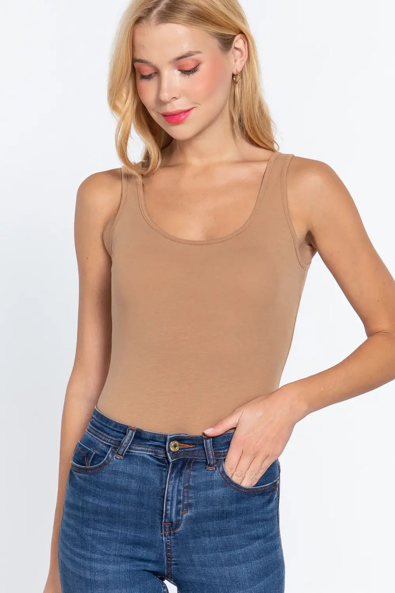 Tan Fitted Sleeveless Scoop Neck Bodysuit