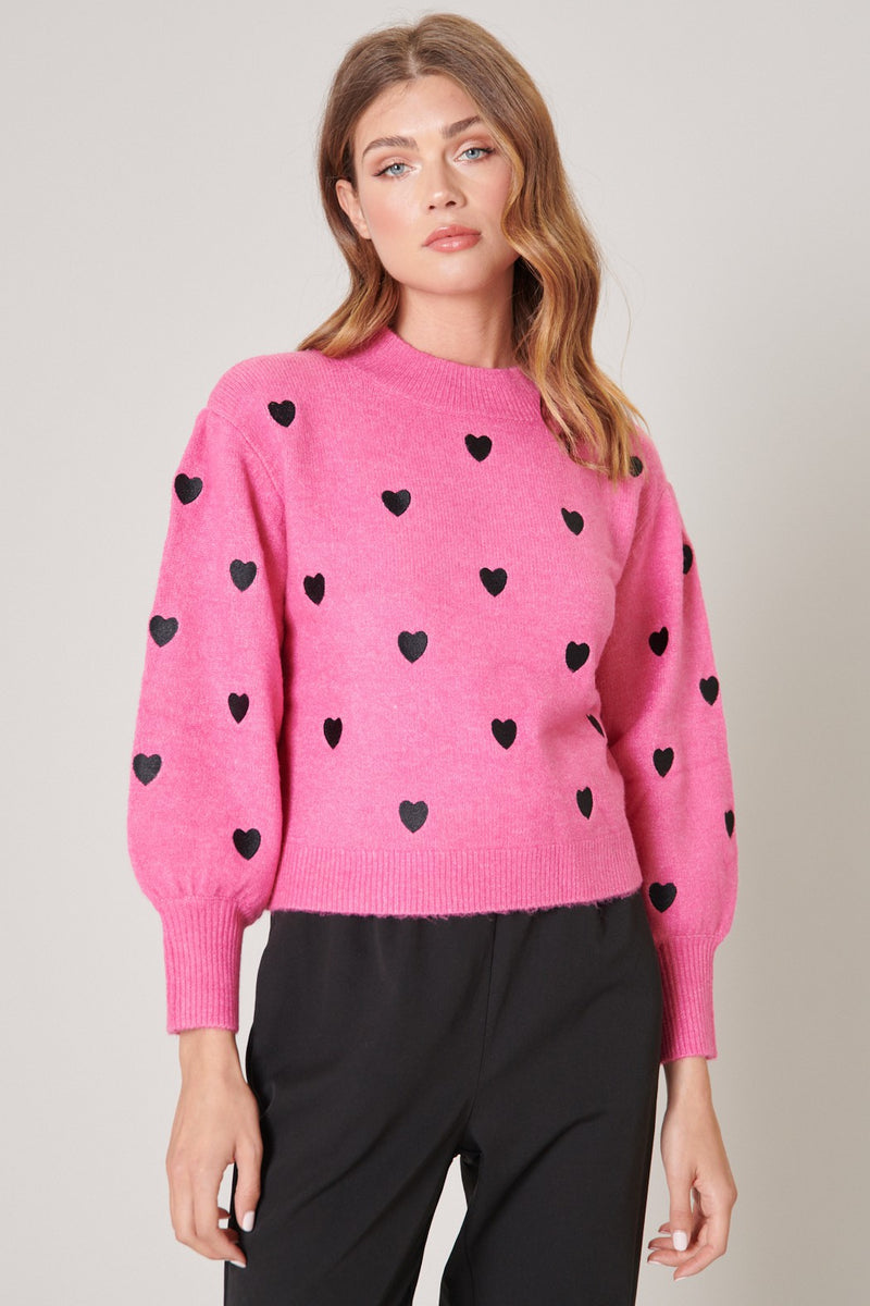 Pink Heart Embroidered Sweater
