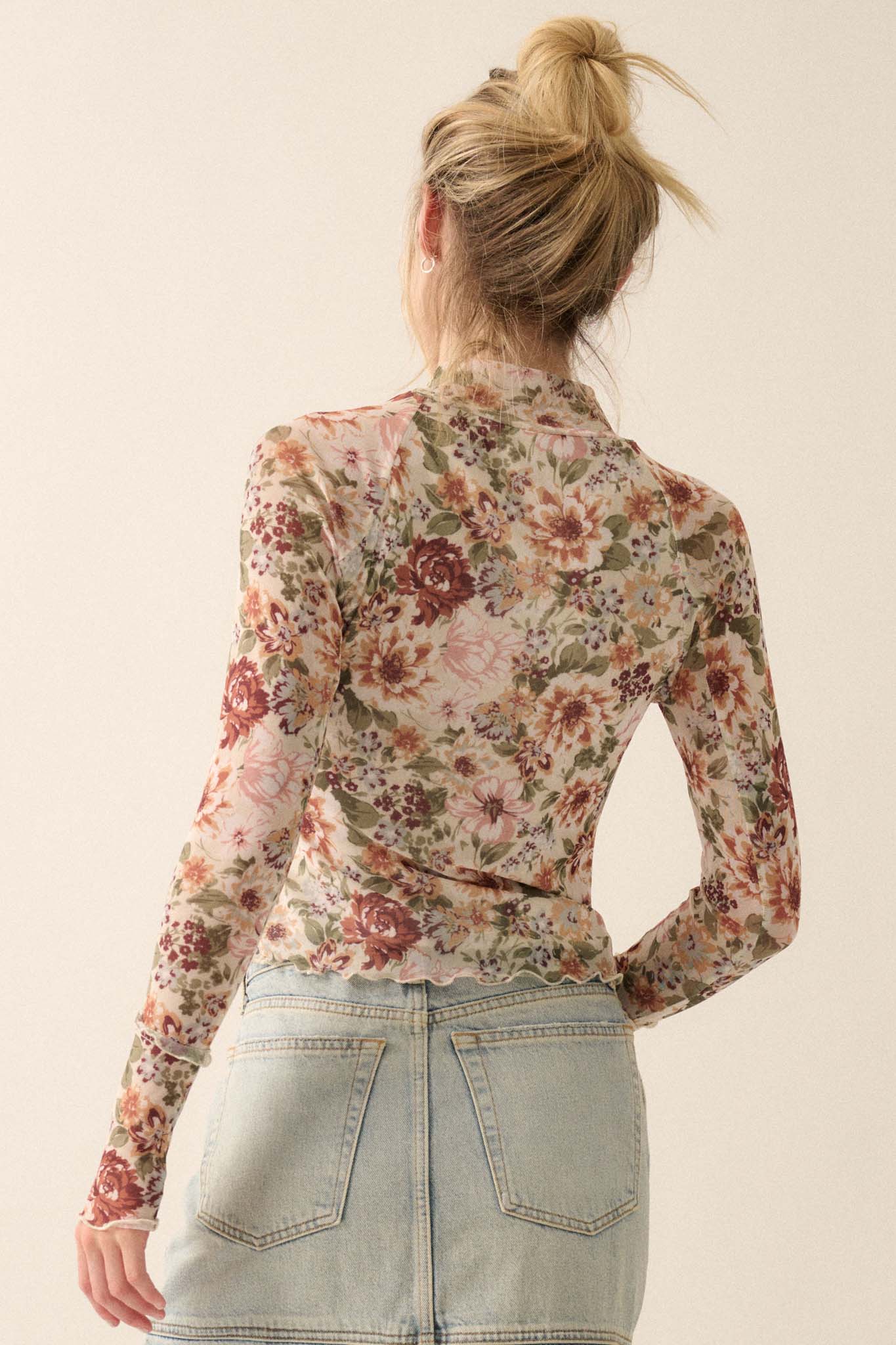 Blossom Forth Floral Mesh Mock-Neck