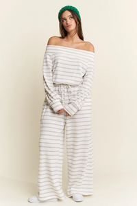 Terry Cloth Off Shoulder Stripe Jumpsuit