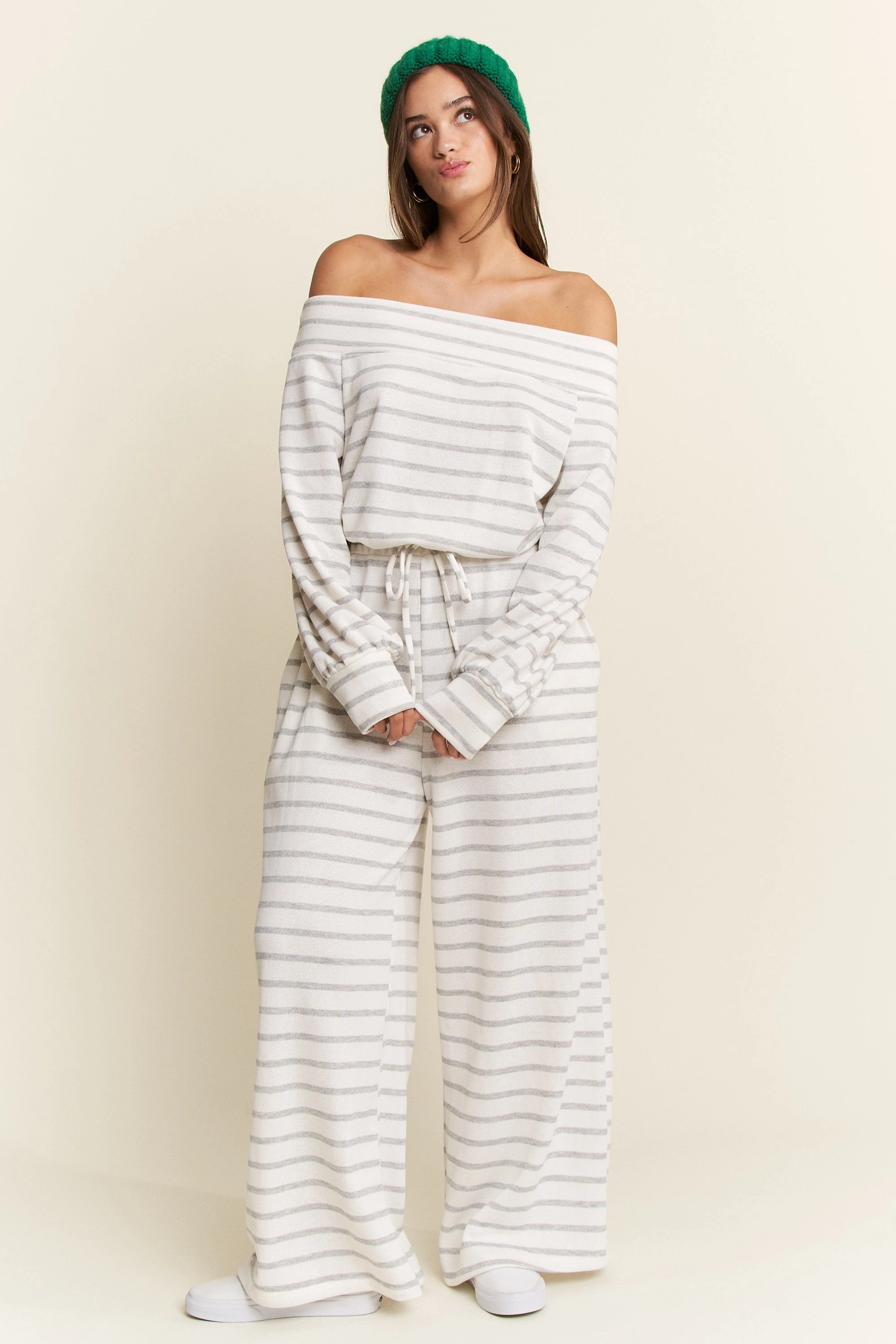 Terry Cloth Off Shoulder Stripe Jumpsuit