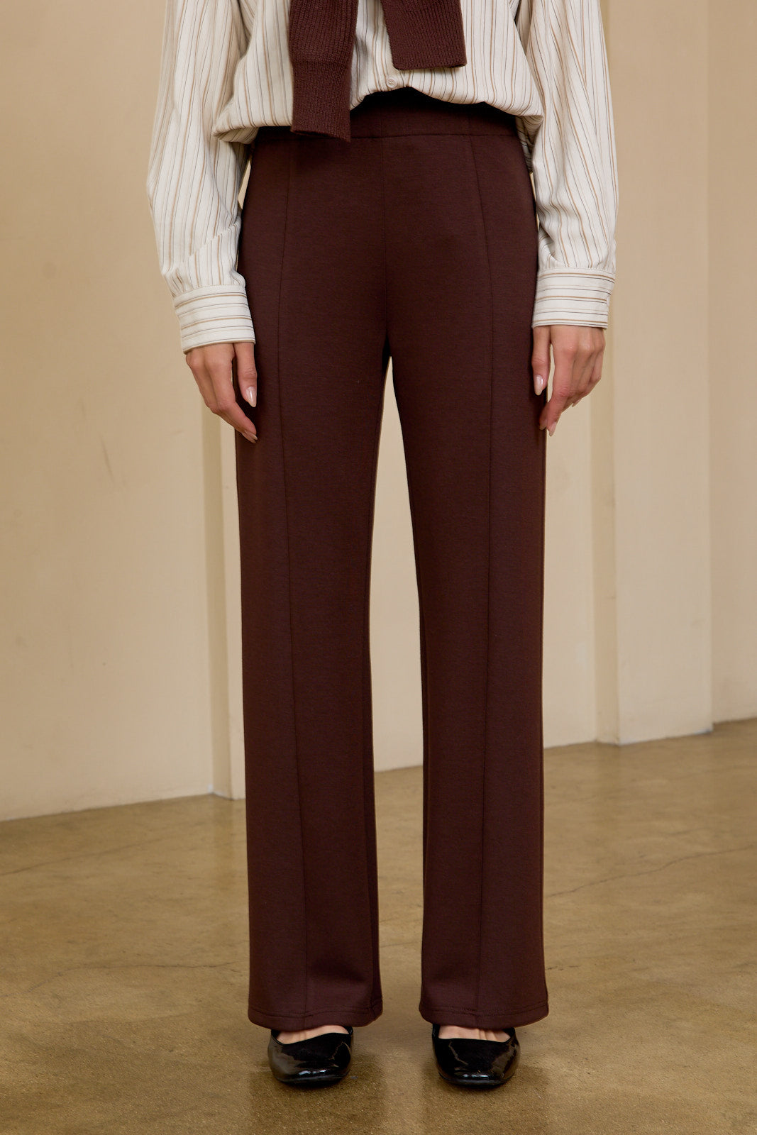 Brown Scuba Seamed Knit Wide Leg Pants
