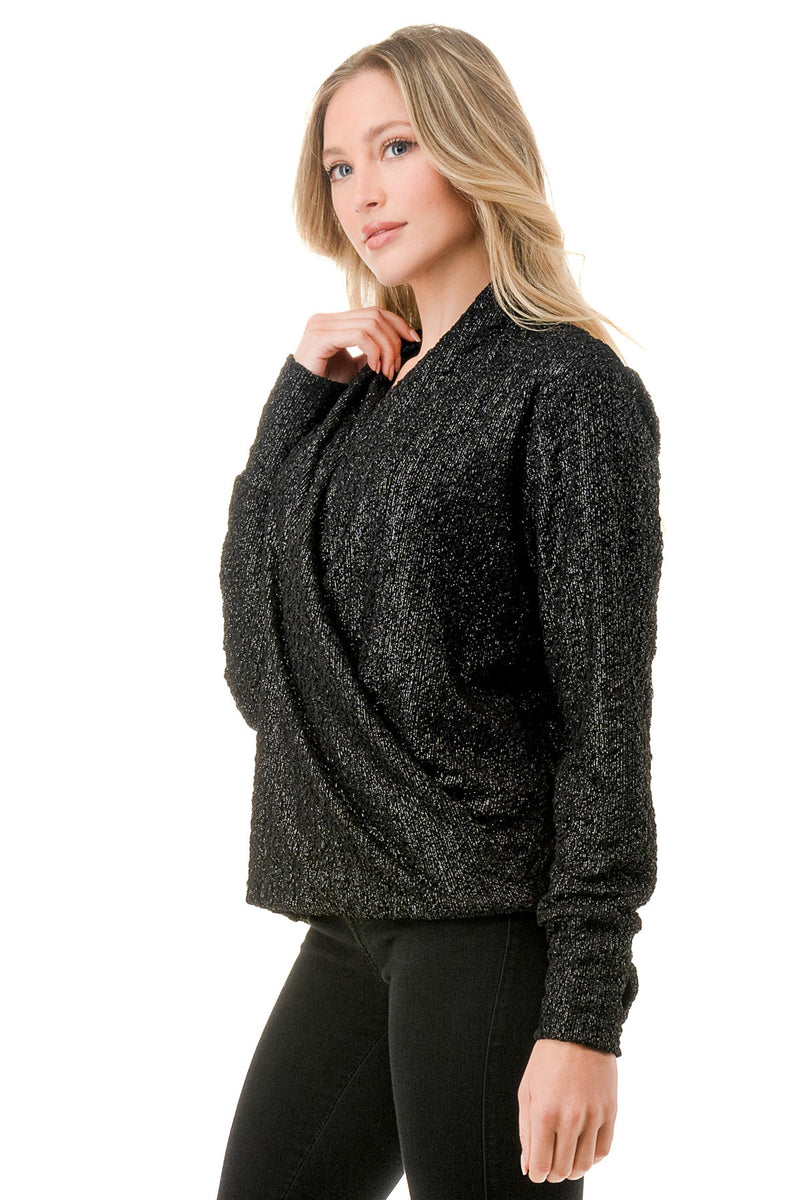 Black Glitter Surplice Top