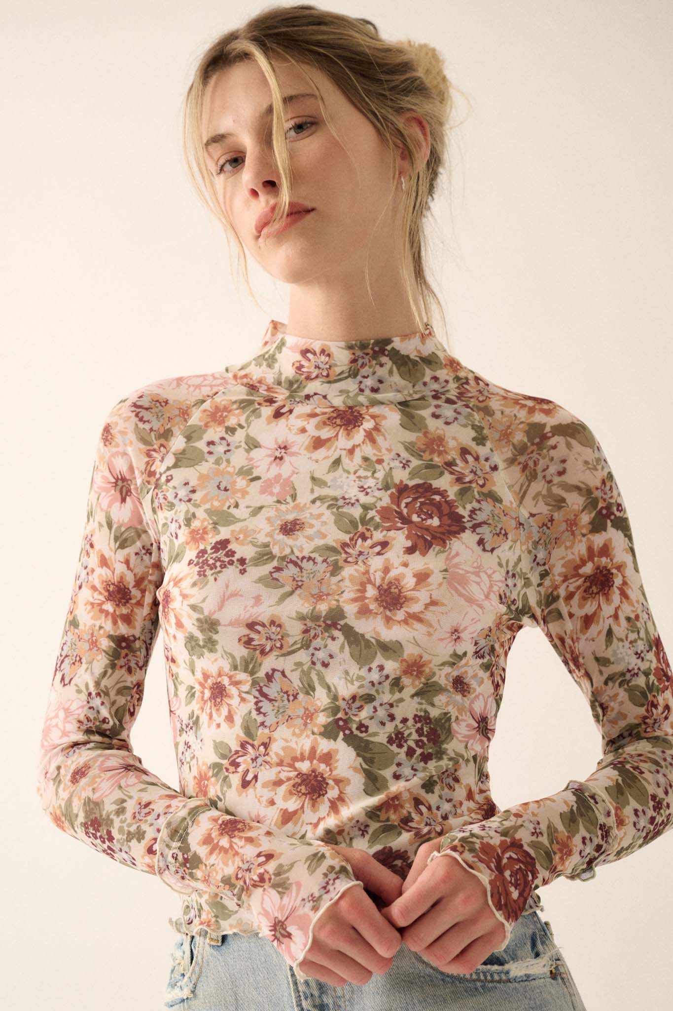 Blossom Forth Floral Mesh Mock-Neck