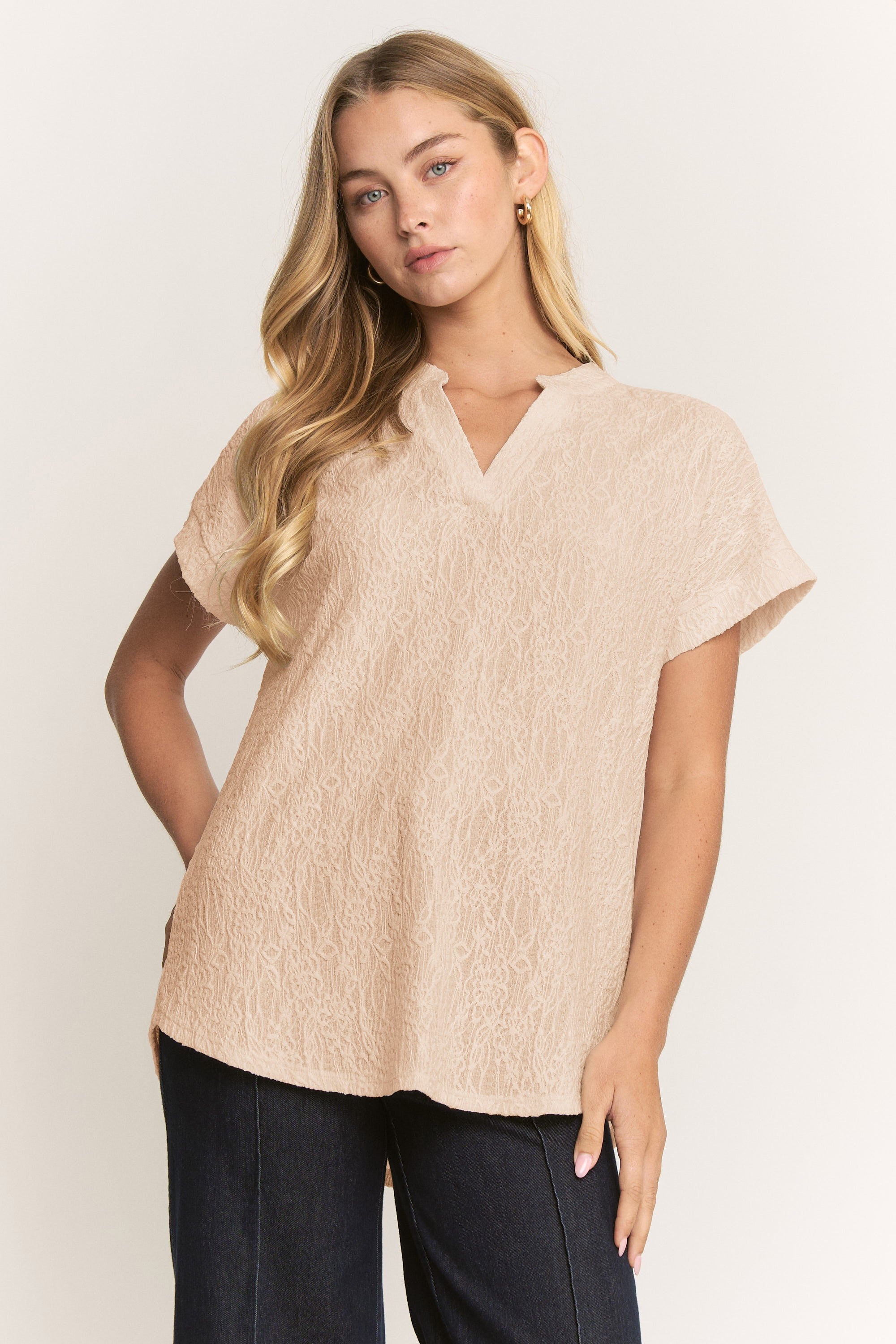 Tan Lace V neck Short Sleeve