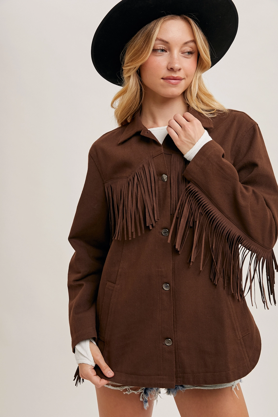 Brown denim Fringe Button Down Jacket