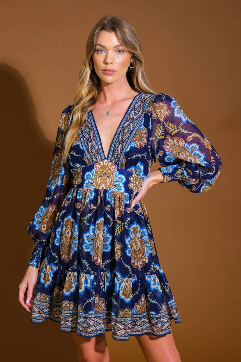 Blue Baroque Mini Dress