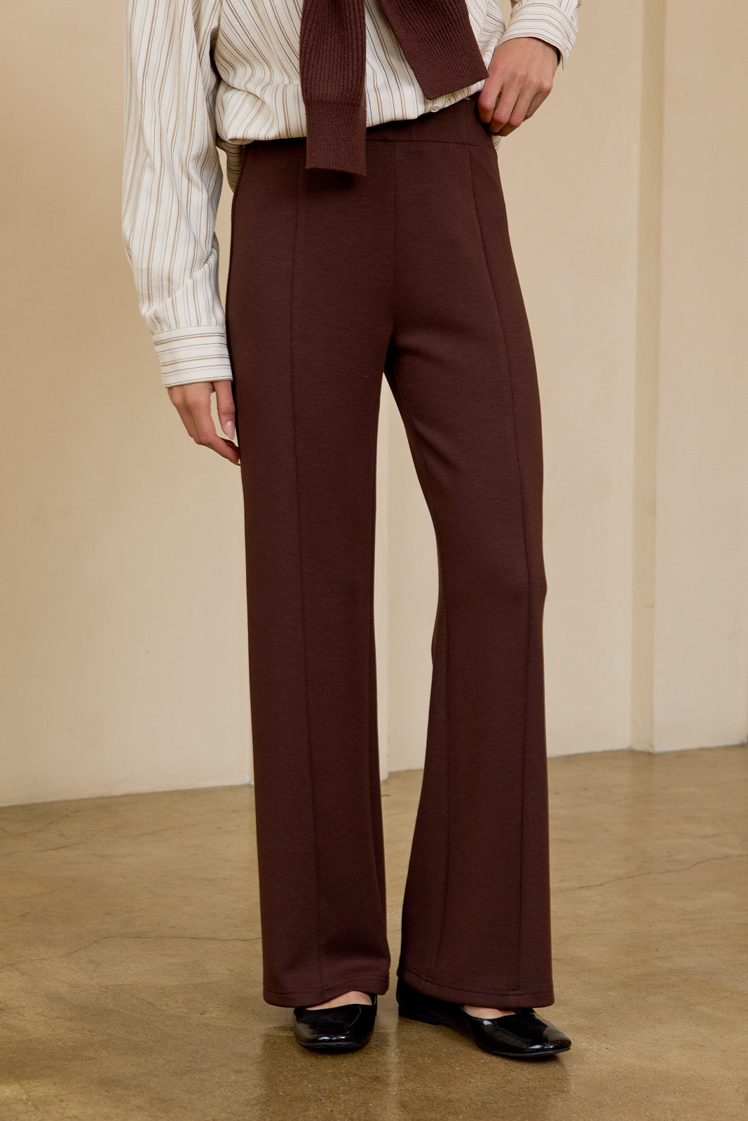 Brown Scuba Seamed Knit Wide Leg Pants
