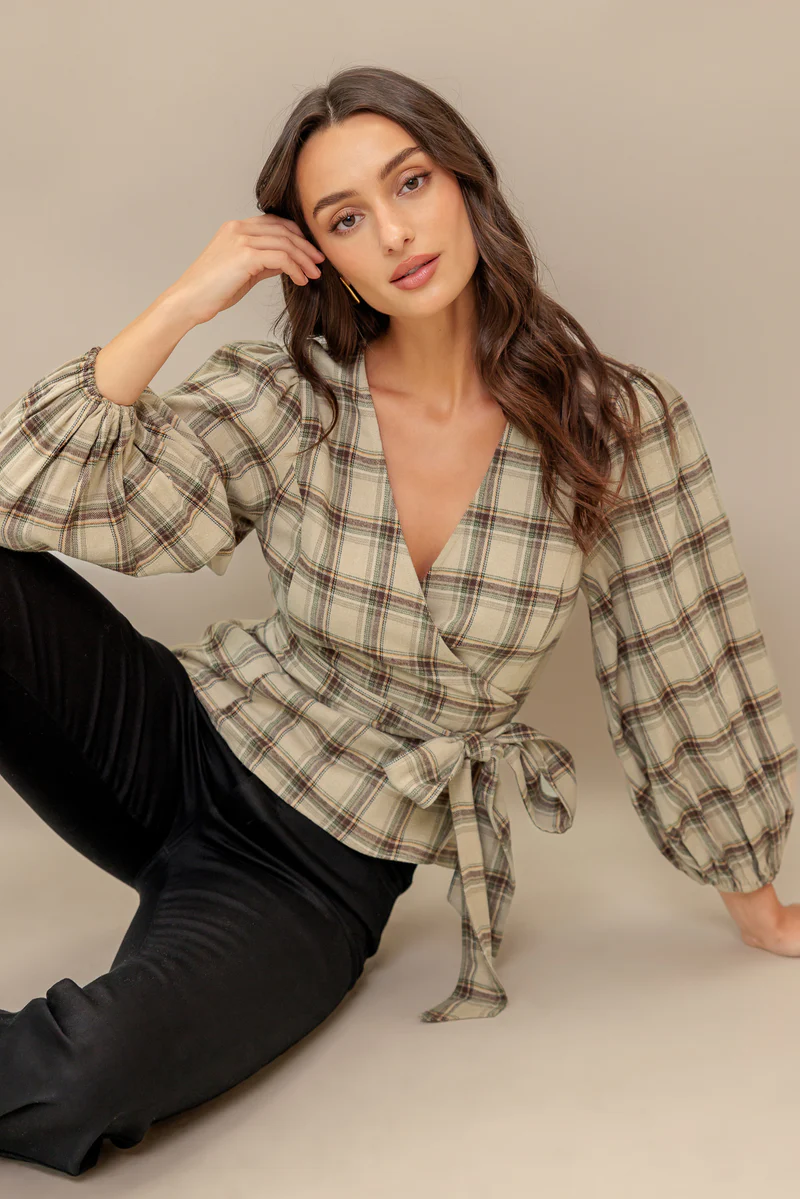 Latte Sunday Woven Plaid Top