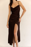 Brown Satin Cowl Neck Dress
