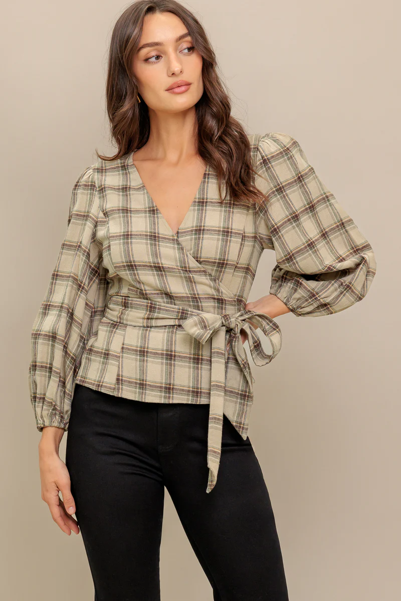 Latte Sunday Woven Plaid Top