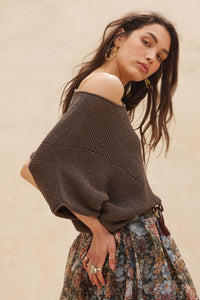 Espresso Short Sleeve Pointelle Ribbed Knit Sweater