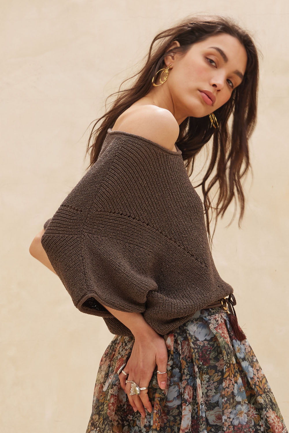 Espresso Short Sleeve Pointelle Ribbed Knit Sweater