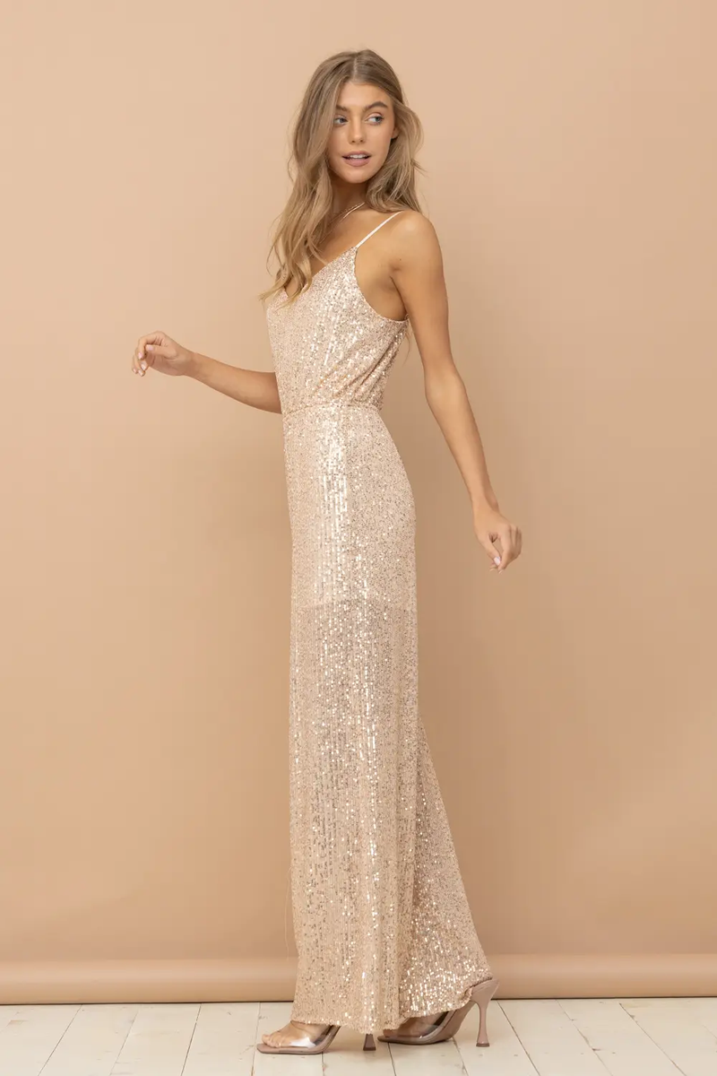 Dress Cream And Gold Jumpsuit Sequin Cowl Neck Jumpsuit Gold