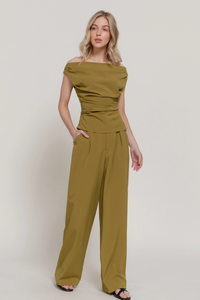 Olive Off the Shoulder Top & Trouser Set