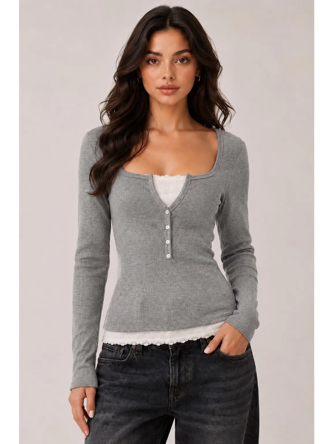Lace Trim Long Sleeve Henley