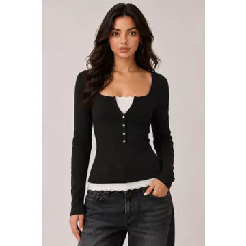 Lace Trim Long Sleeve Henley