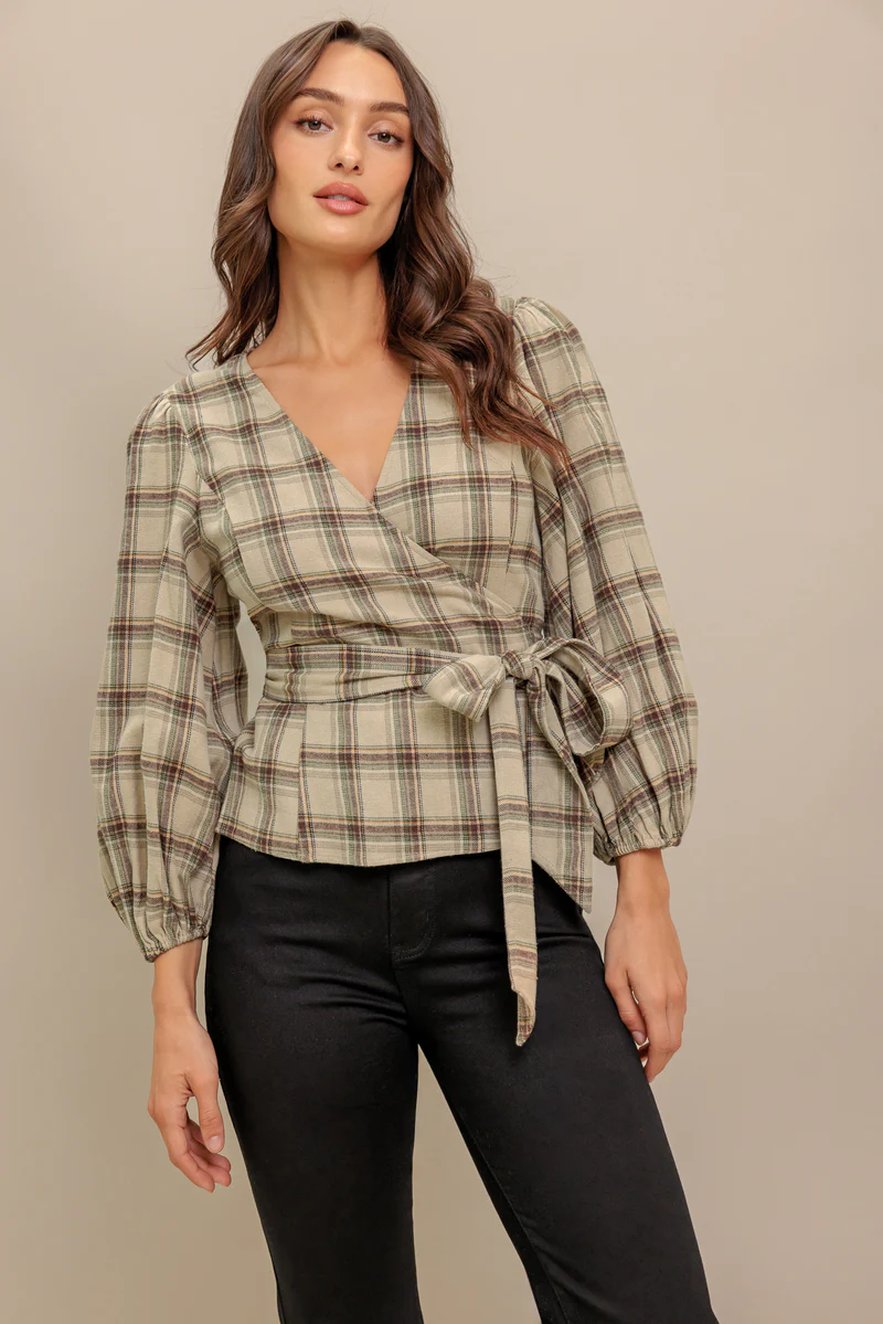 Latte Sunday Woven Plaid Top