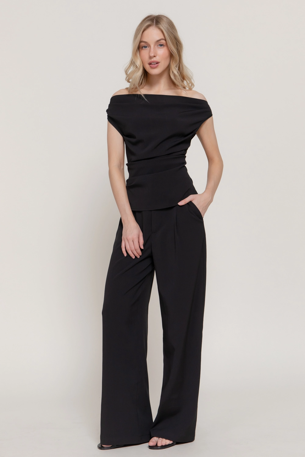 Black Off the Shoulder Top & Trouser Set