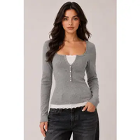 Lace Trim Long Sleeve Henley