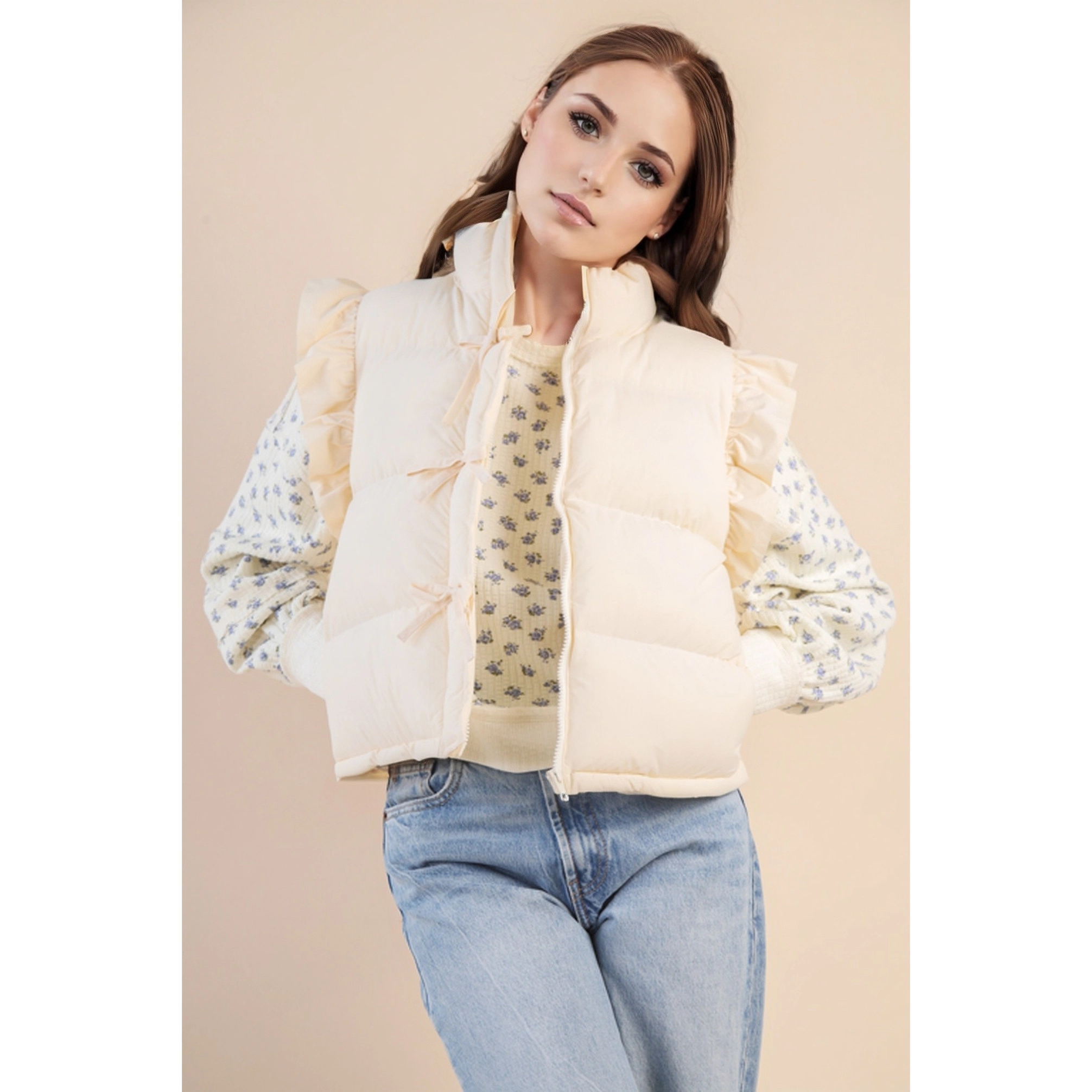 Cream Ruffle Bow Vest