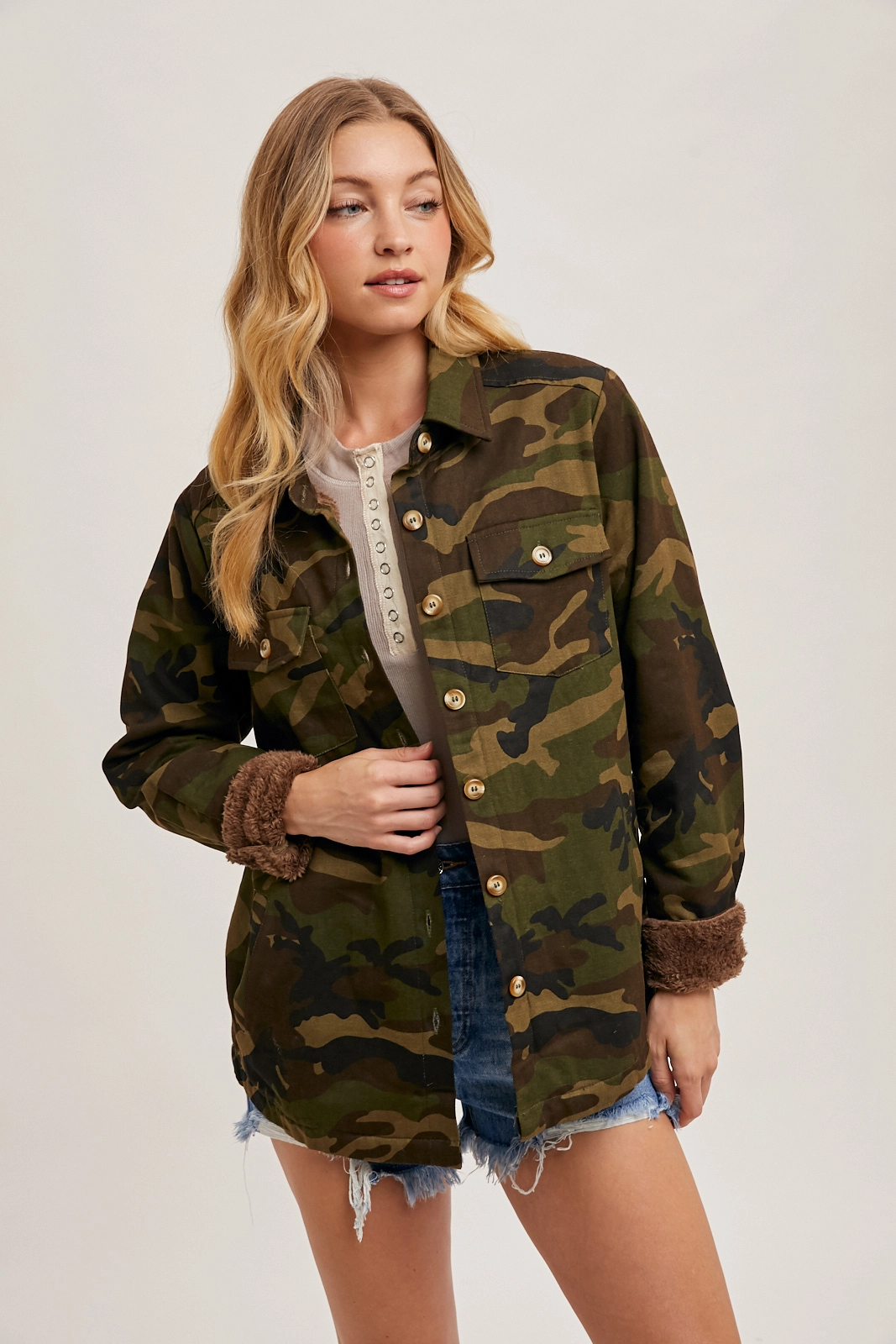 Camo Sherpa Button Down Jacket