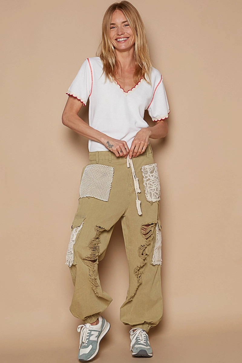 POL Olive Distressed Patchwork Joggers