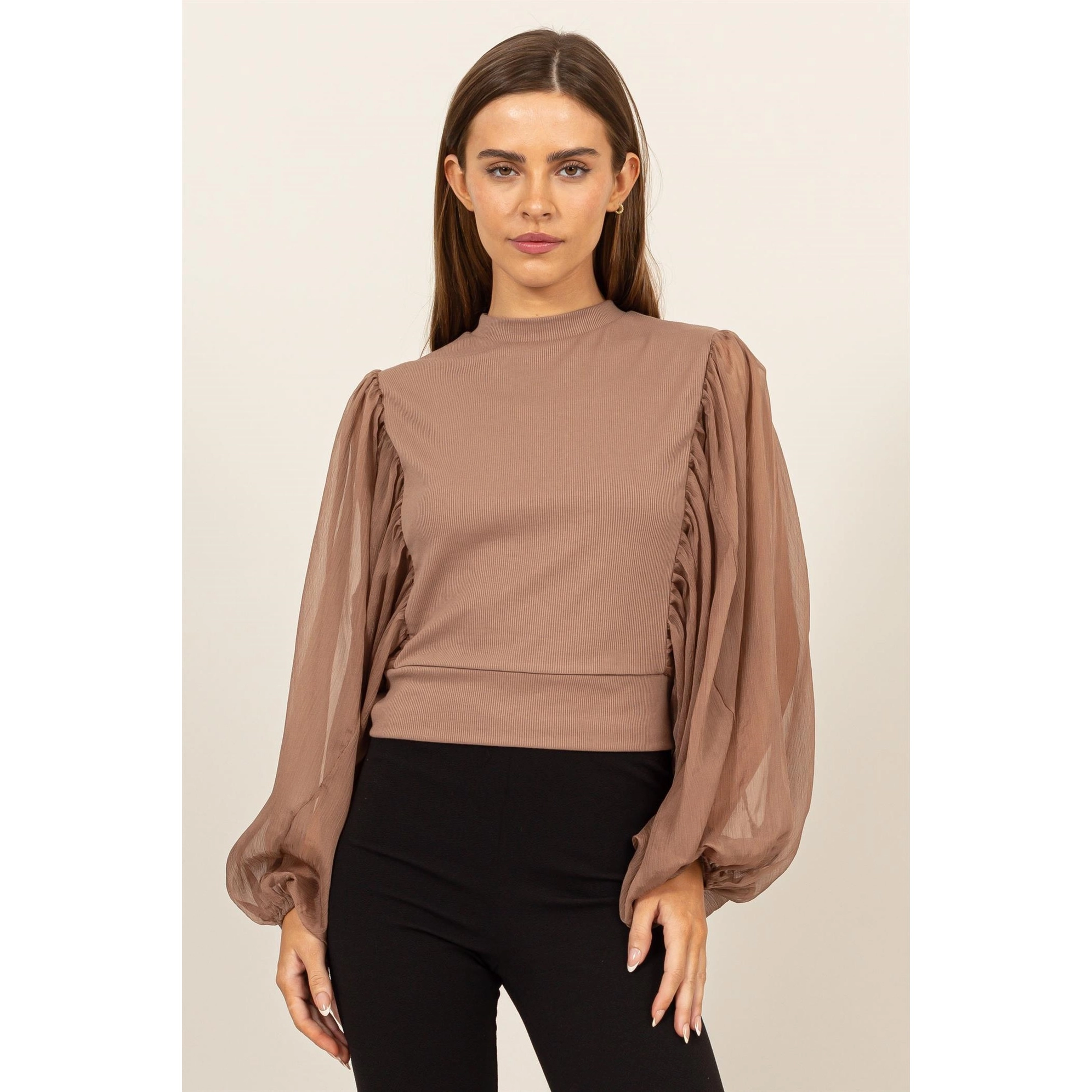 Sheer Batwing Sleeve Blouse Brown