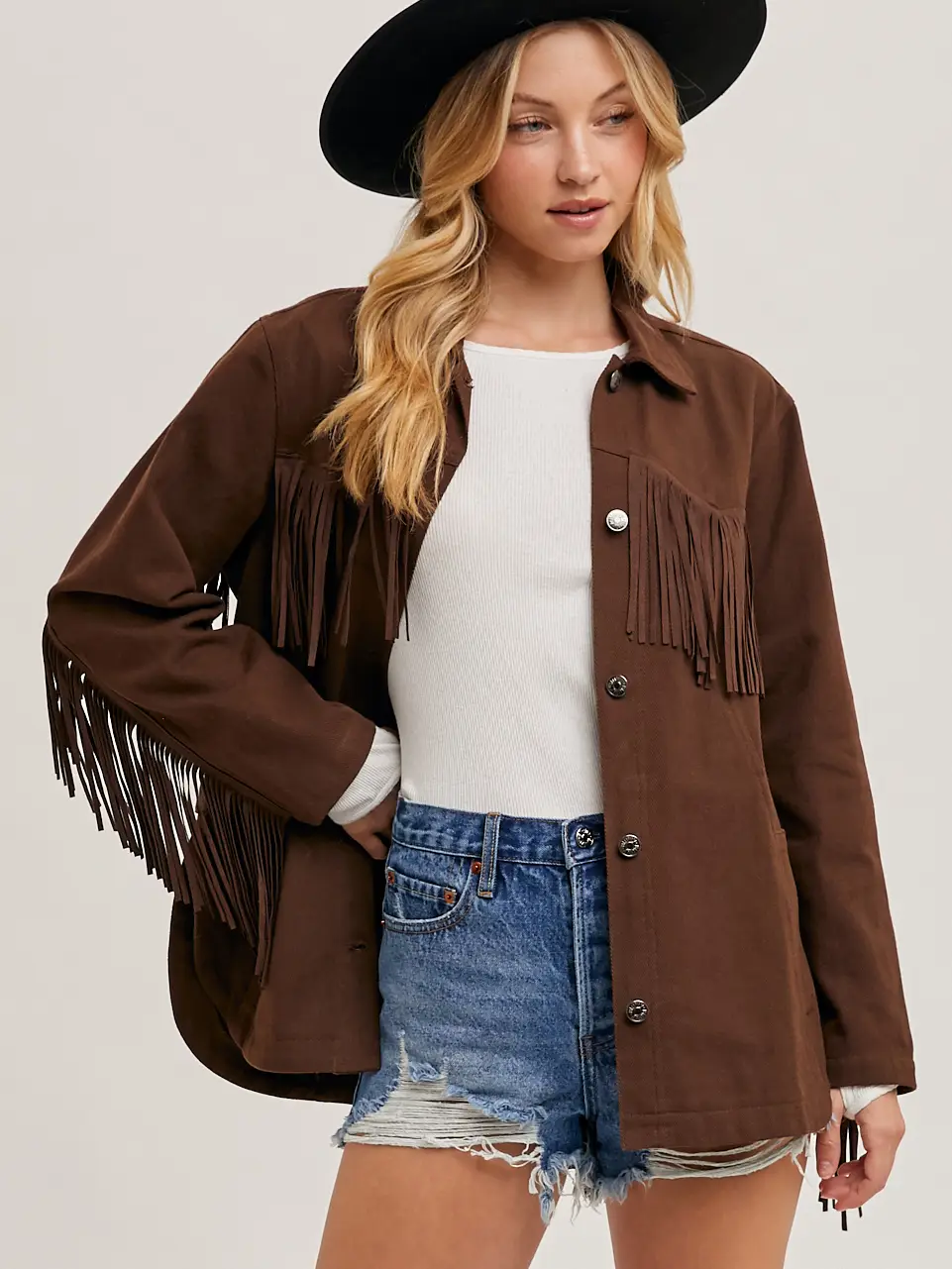 Brown denim Fringe Button Down Jacket