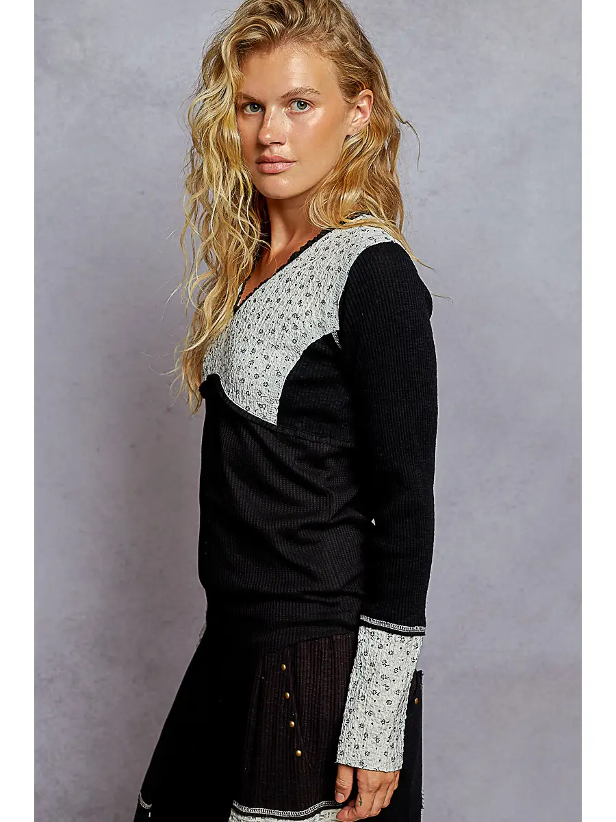 POL Black Vneck Floral Thermal
