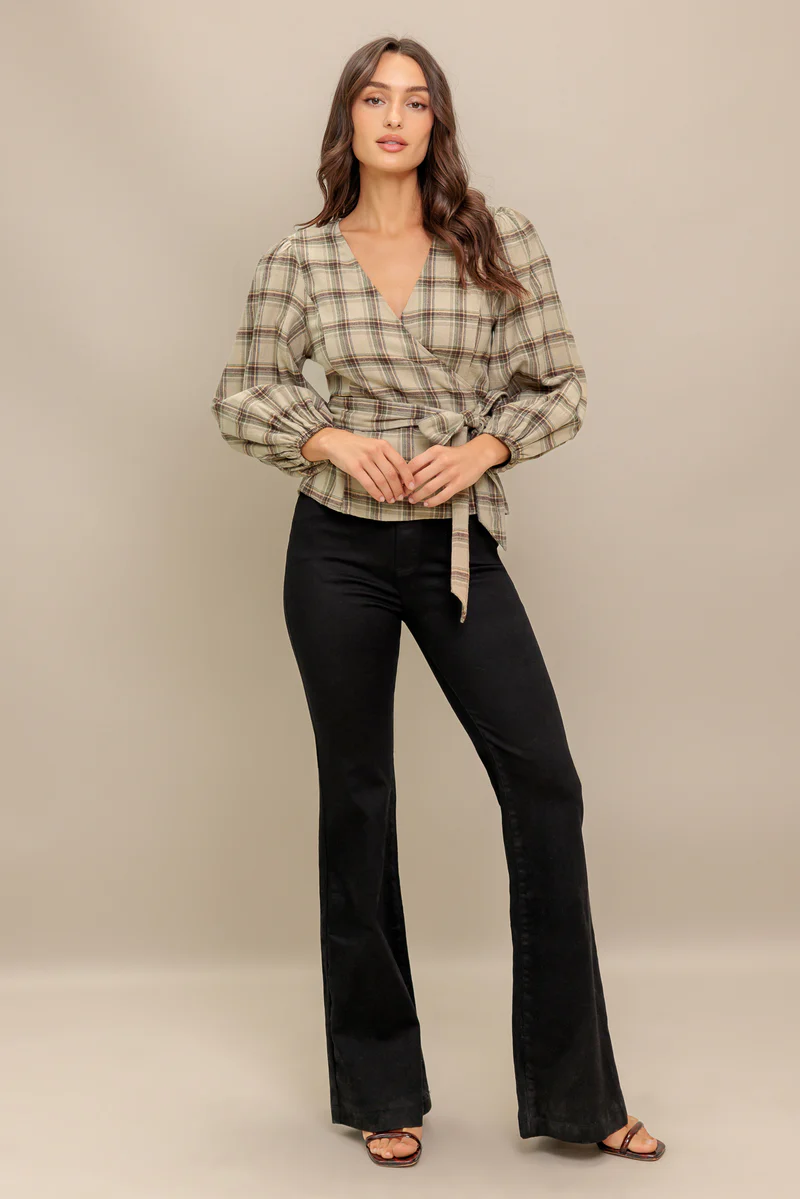 Latte Sunday Woven Plaid Top