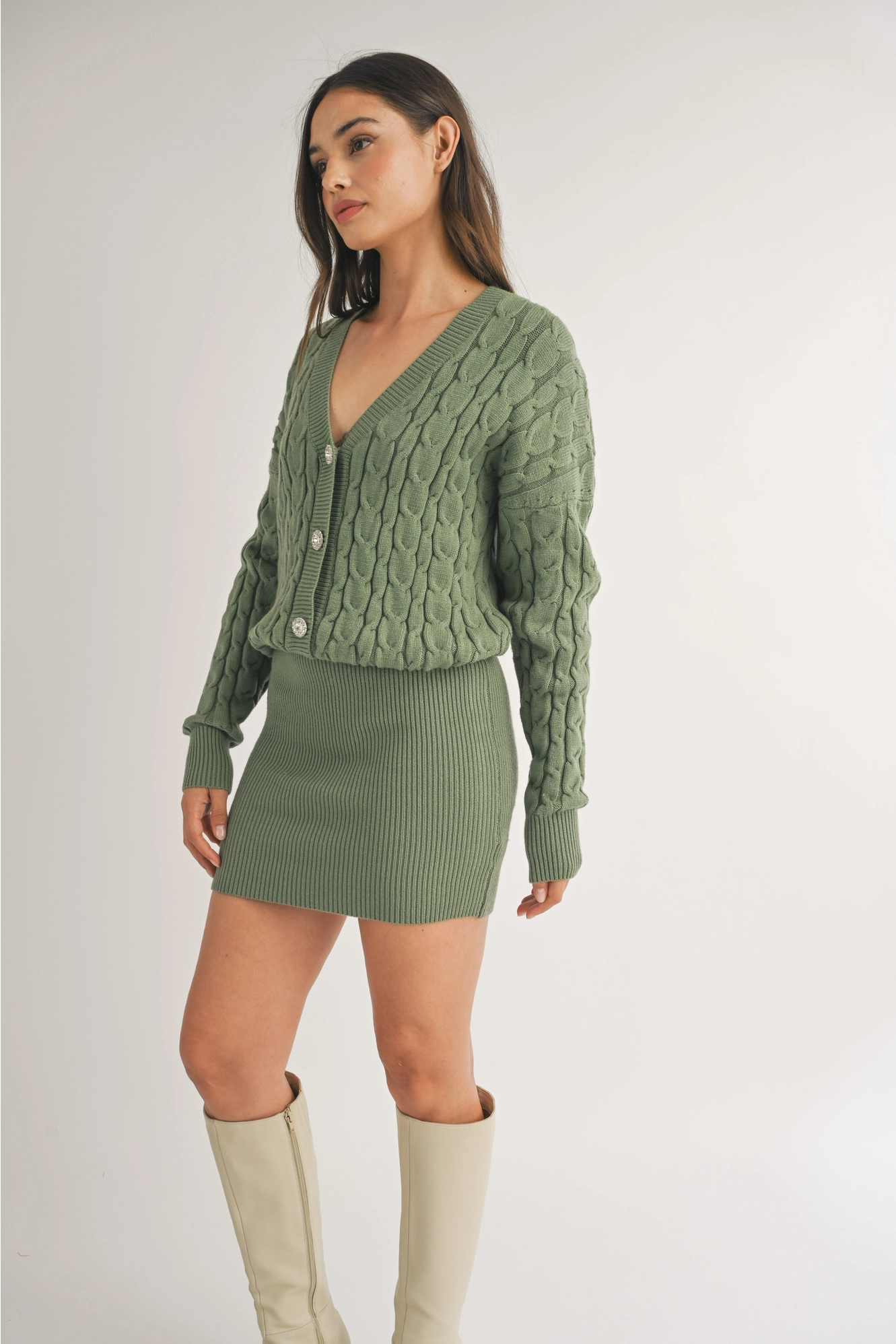 Green Bling Button Sweater Dress