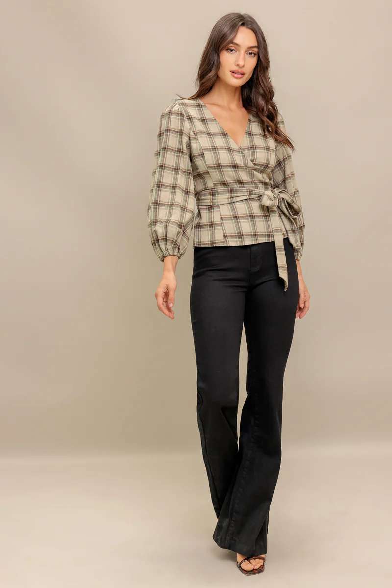 Latte Sunday Woven Plaid Top