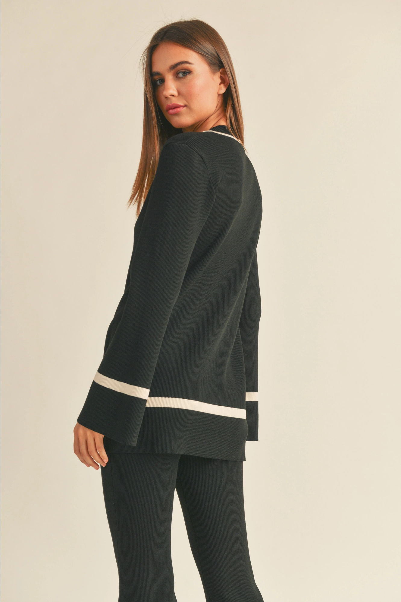 Black Vneck Contrast Stripe Sweater