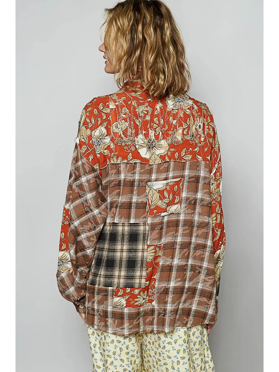 POL Brown Floral & Plaid Button Down