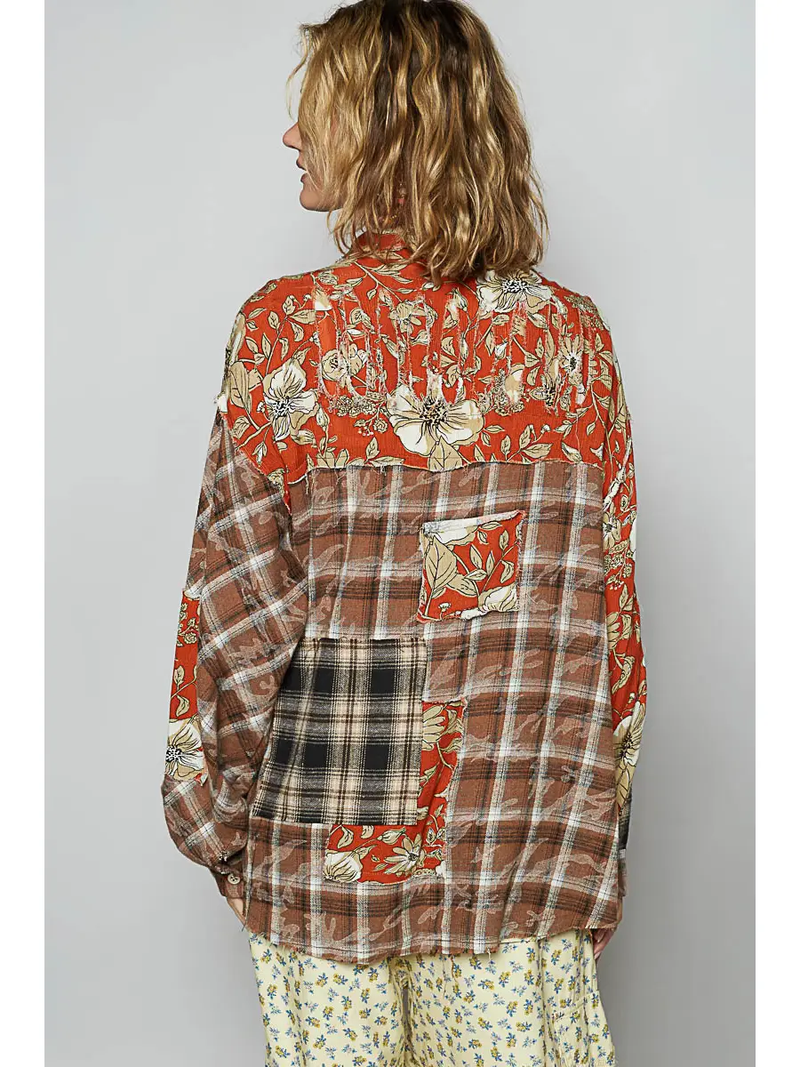 POL Brown Floral & Plaid Button Down