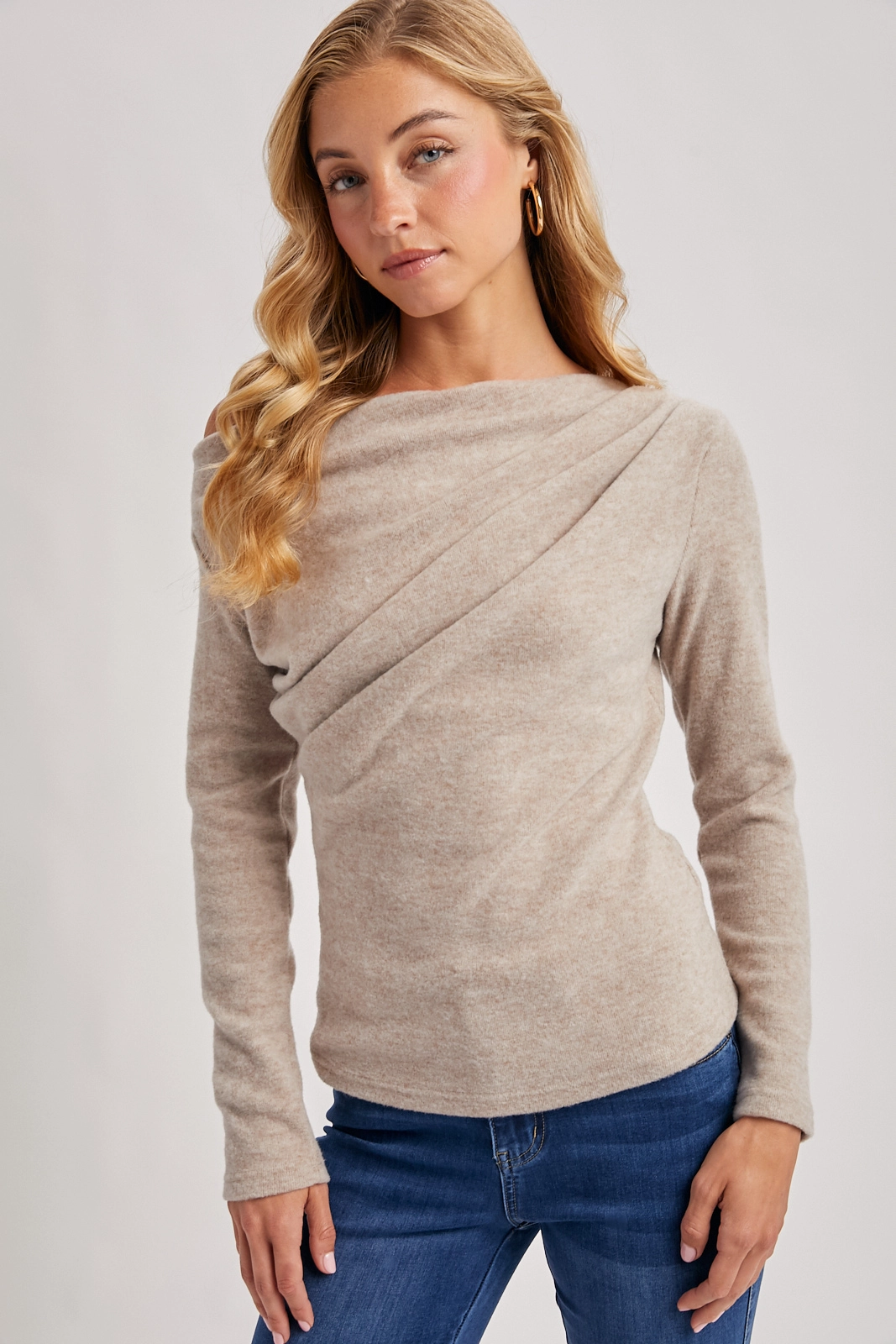 Latte Asymmetrical Off Shoulder Top