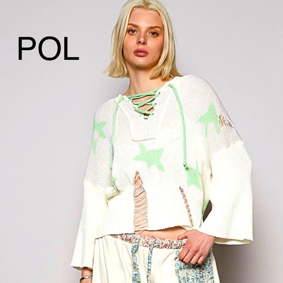 POL Distressed Star Sweater Green