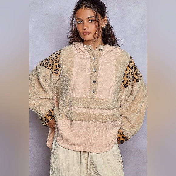 POL Pink Leopard Contrast Fuzzy Sweater