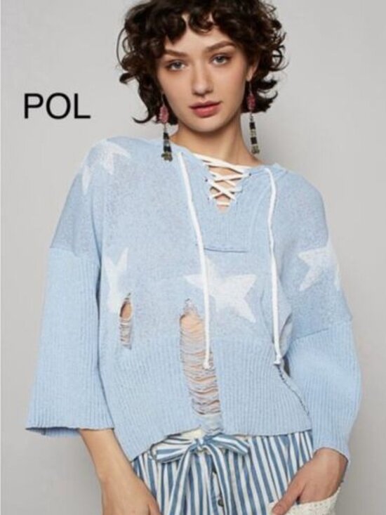 POL Distressed Star Sweater Blue