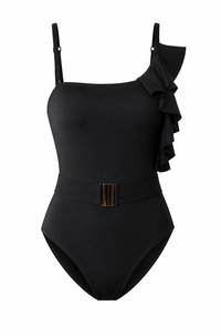 Black Belted Ruffle One Piece Swim
