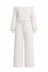 Terry Cloth Off Shoulder Stripe Jumpsuit