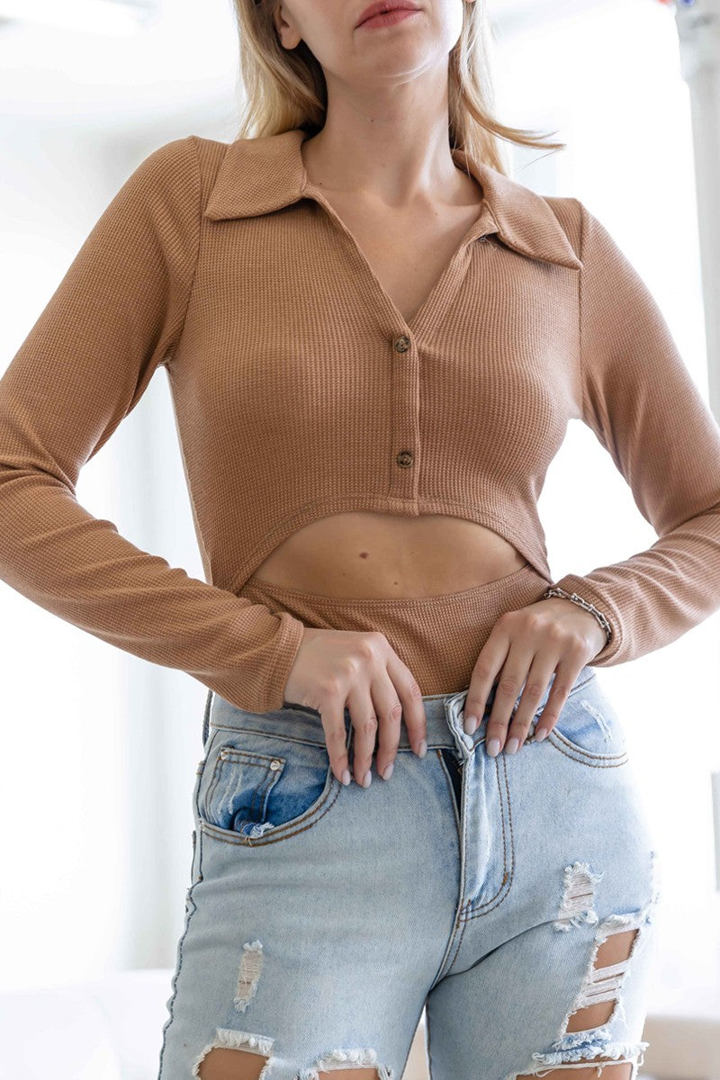 Collared cutout long sleeve bodysuit thermal