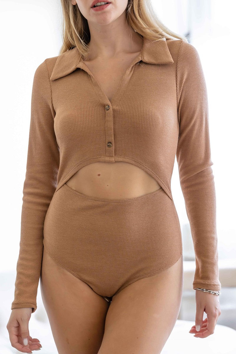 Collared cutout long sleeve bodysuit thermal
