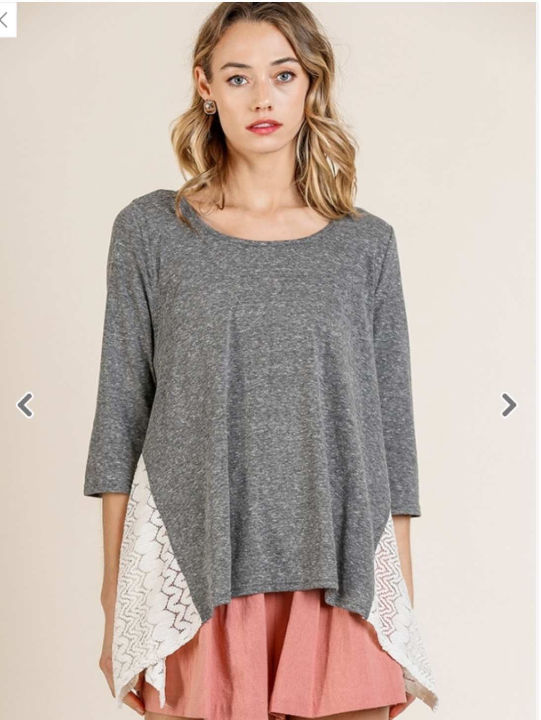 grey 3/4 shirt with lace trim