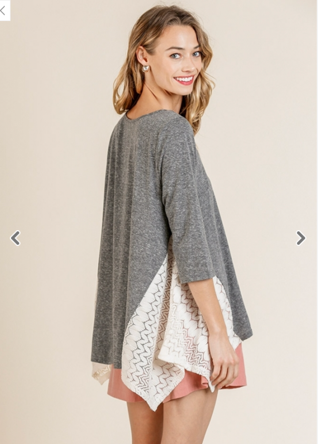 grey 3/4 shirt with lace trim