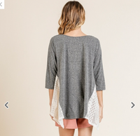 grey 3/4 shirt with lace trim