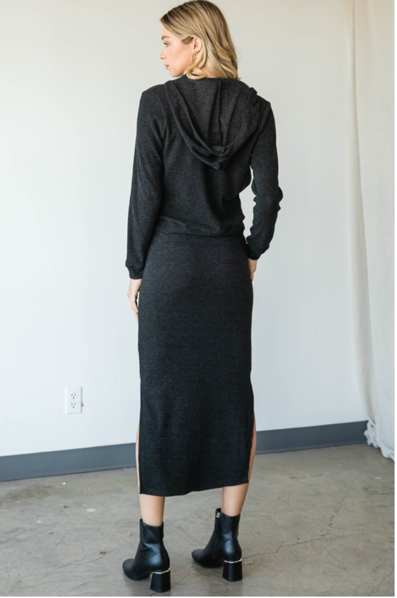 black hooded sweater with skirt set